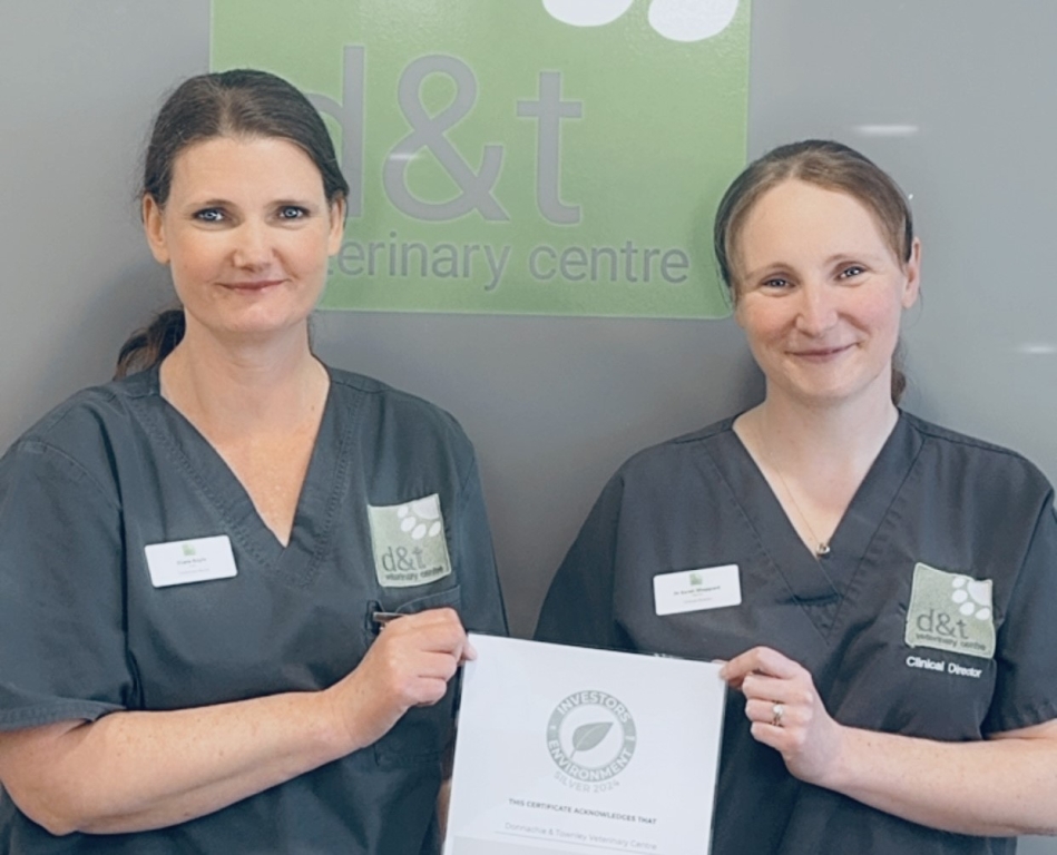 D&T Green Team members Sarah Sheppard and Diane Royle proudly displaying their silver award certificate from national accreditation scheme Investors in the Environment.